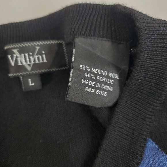 Villini Merino Wool Blend Black Argyle Vneck Sweater Knit L Mens Business Casual - Picture 5 of 8